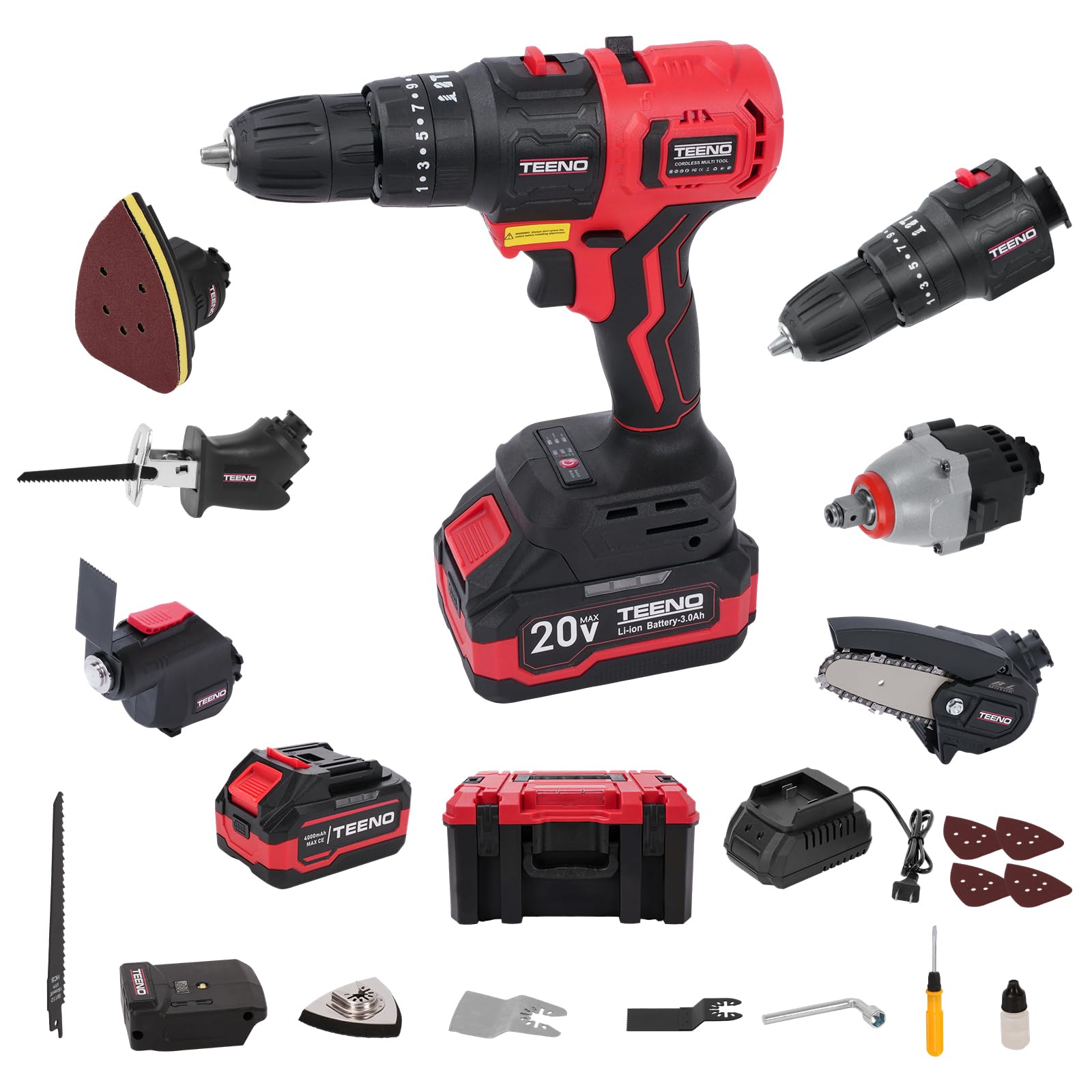 Kit Combiné Sans Fil 20V TEENO, Outil Multi-Fonctionnel Sans fil 8 en 1 Avec étui, Perceuse, Scie Sabre, Scie à Chaîne, Cef à Ch