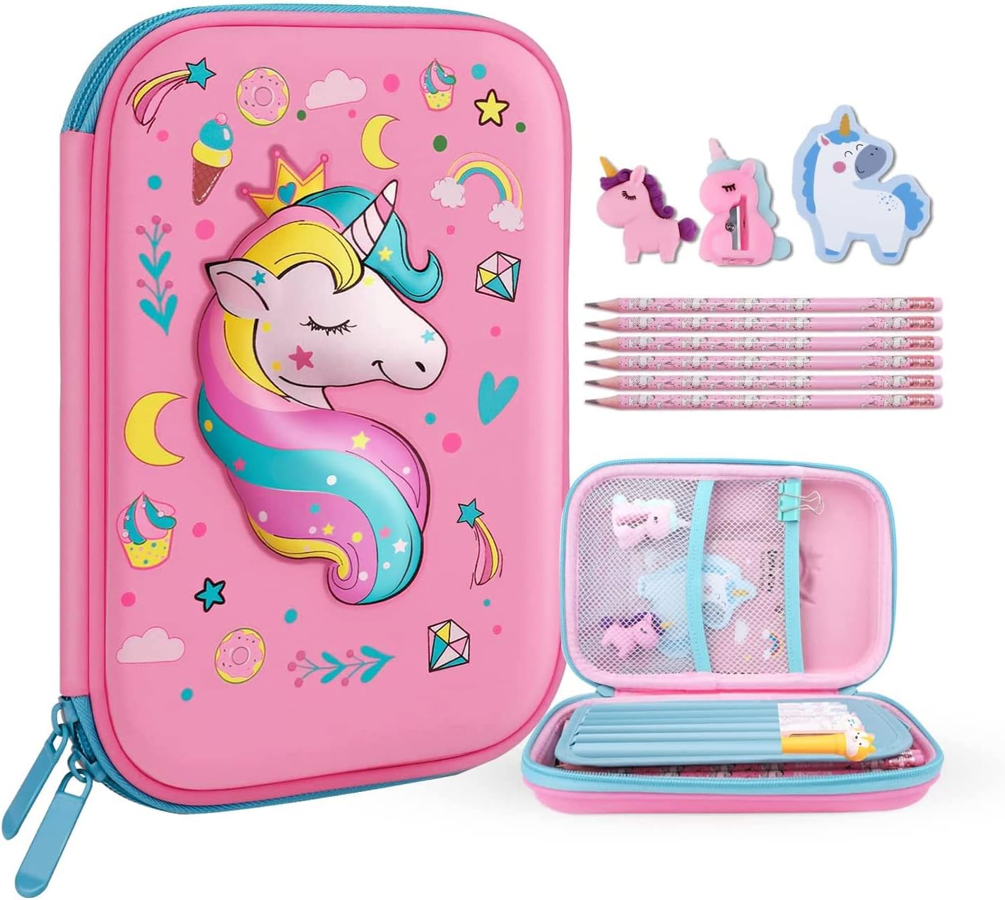 Pencil Case for Girls,Cute Unicorn Stationery Set for Kids,3D EVA Pencil Pen Box Organizer with Compartment, School Supplies for Kids School Gifts