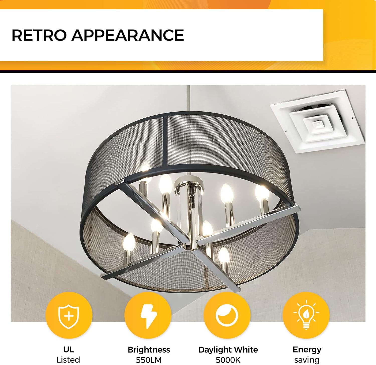 Hizashi Chandelier Light Bulbs 5000K Daylight, E12 Candelabra Light Bulbs 60 Watt Dimmable, B11 Type B LED Candelabra Bulbs, 90+CRI, 6W, 550LM, Candle Bulbs, UL Listed, 24 Pack