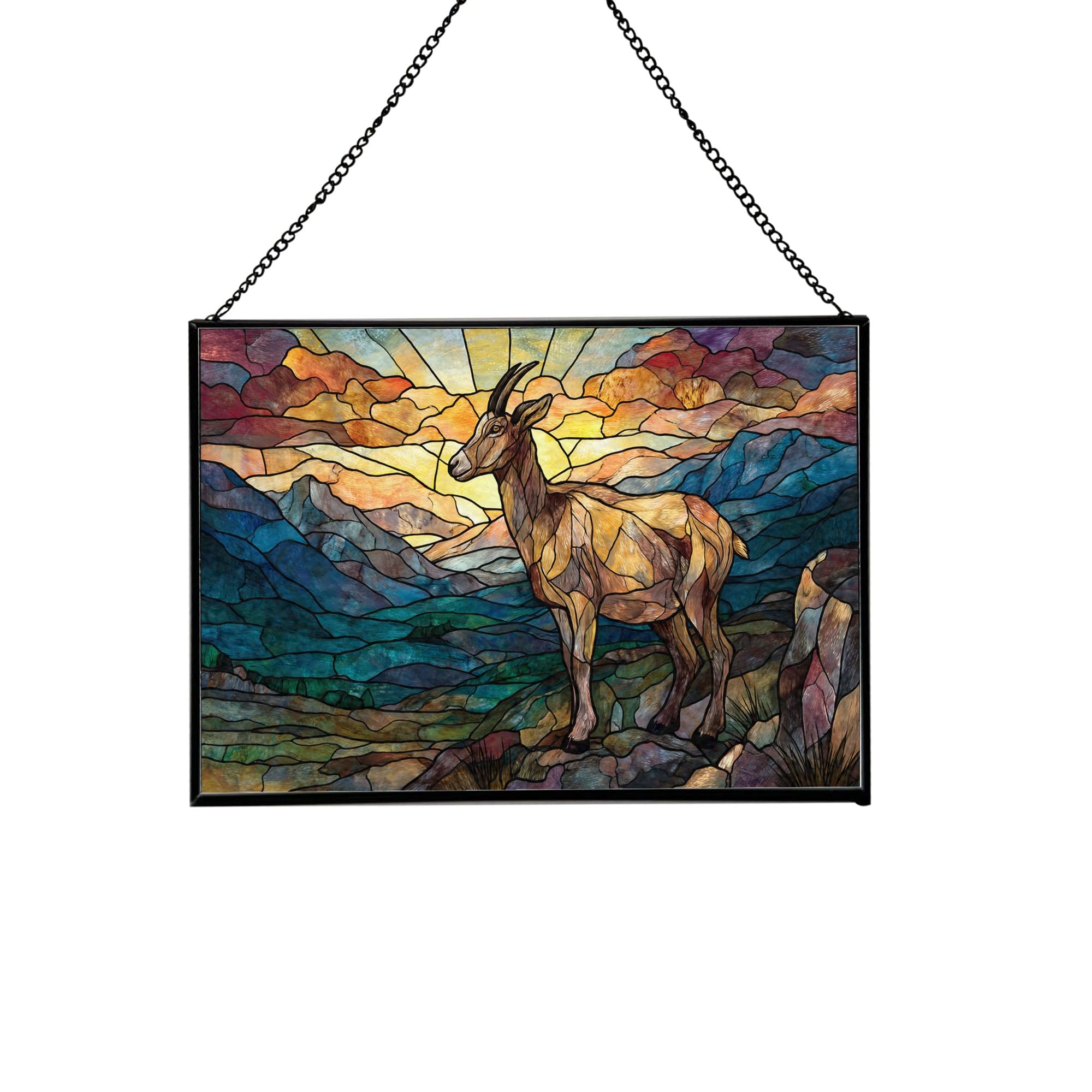 Goat Climbing Rocky Hillside Rectangular Stained Glass Suncatcher – Hanging Window Panel with Animal & Nature Scene – Vibrant Glass Art Gift for Wildlife, Fantasy, Nature Lovers njwApU