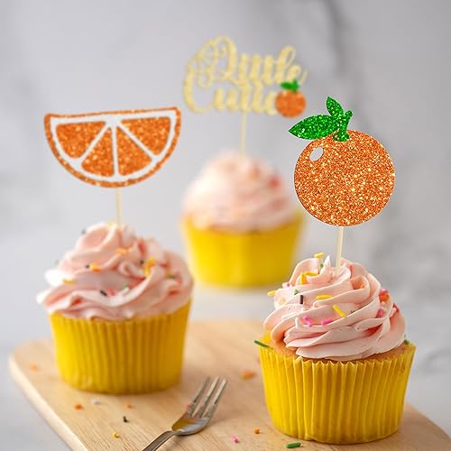 Miniatura 5 de Gyufise 24 piezas de adornos para cupcakes con purpurina de frutas y naranjas, para temática de cítricos, baby shower, niños y niñas, fiesta de