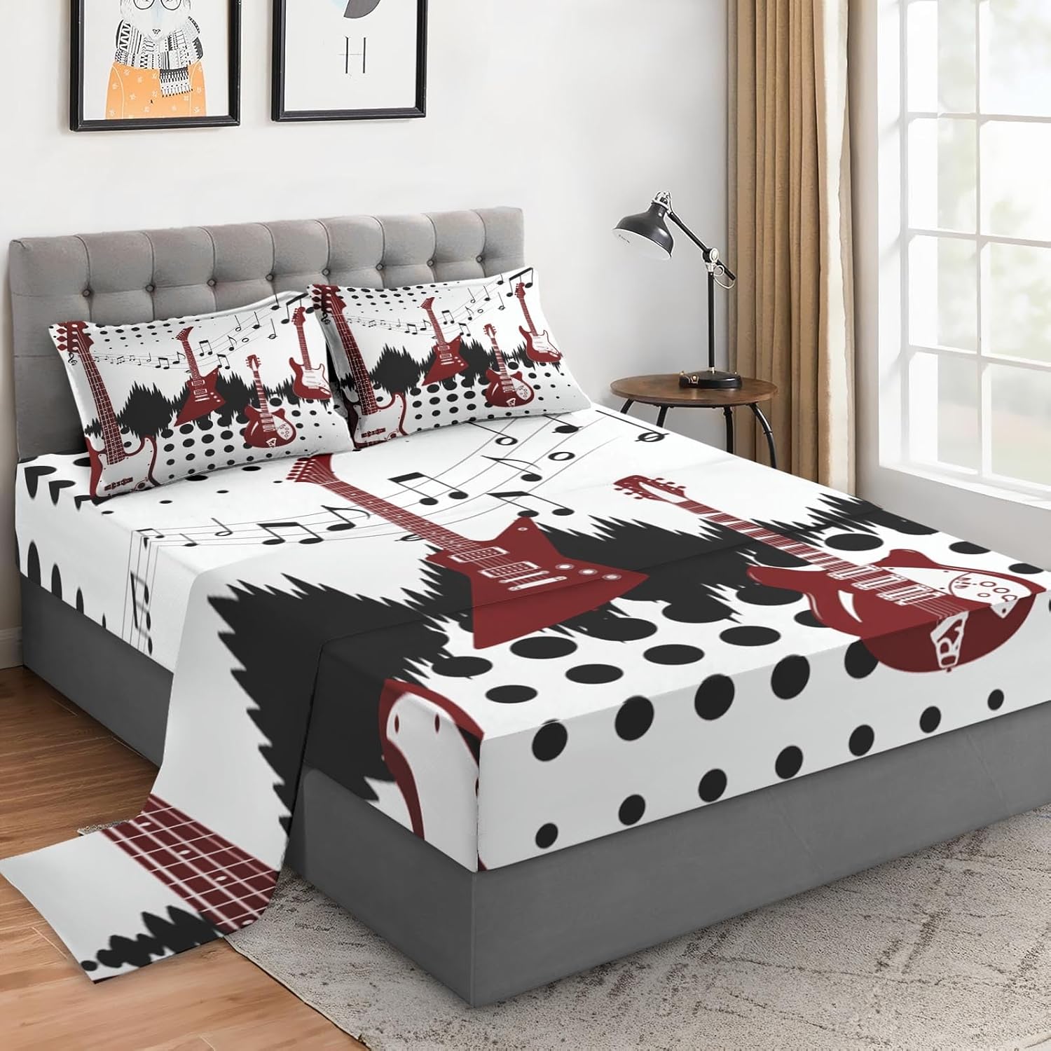Queen Size Bed Sheet Sets with Pillowcases Guitar Rock Music 4 Pcs Soft Microfiber Bedding for Kids and