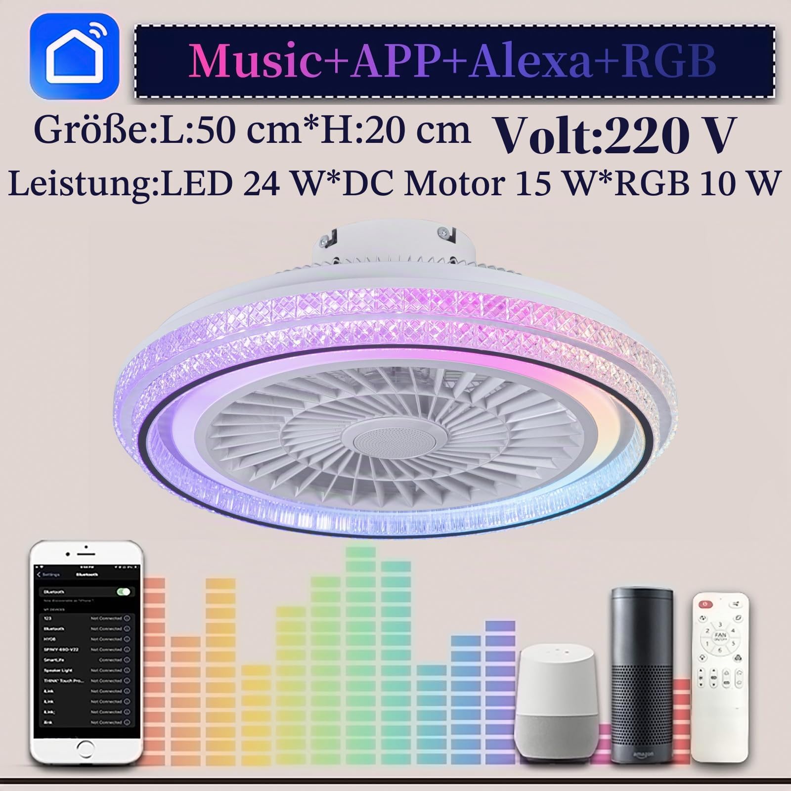 RGB Alexa Licht Mit Ventilator Und Bluetooth-lautsprecher Kinder LED Dimmbare Deckenventilator Mit Licht Und Fernbedienung Leise 6 Geschwindigkeit Für Schlafzimmer Wohnzimmer Party