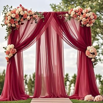Wedding Arch Draping Fabric - Burgundy Chiffon, 1 Panel Sheer Drapes - 63 Inch x 20ft Chiffon Backdrop Curtain - Outdoor Sheer Drapery for Ceremony Party Ceiling