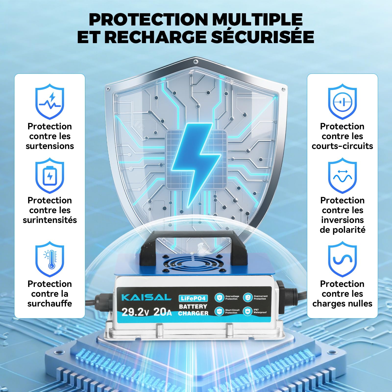 KAISAL 29.2V 20A Chargeur de Batterie LiFePO4, 24V 20A Chargeur de Batterie au Lithium, étanche IP67, Multiples Protections de Sécurité, pour Voiturette de Golf, RV, Bateau, Solaire