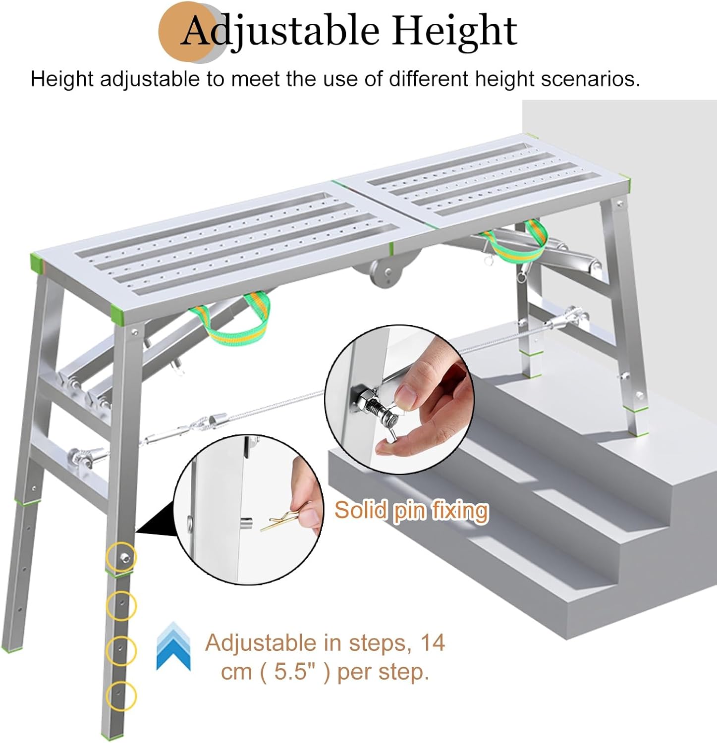 Vibeo Scaffolding Sturdy Galvanized Steel Scaffold Work Platform, Height Adjustable Scaffolding Ladder for Stairs, Folding Portable Scaffolding Equipment(L160cmxW30cm(63" x11 3/4"))