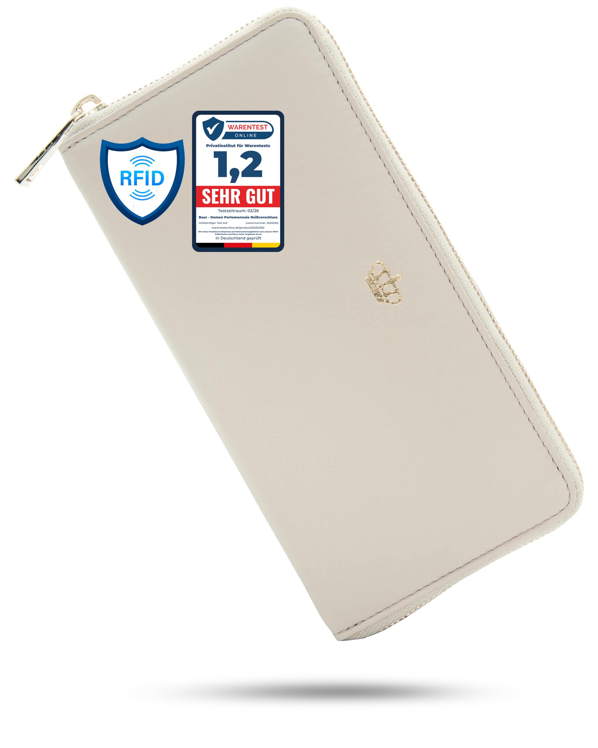 Baur portafoglio da donna – vera pelle nappa con protezione RFID – portafoglio grande con 12 scomparti carte e scomparto monete – cerniera metallica a tutto giro (Cerniera oro, Beige)