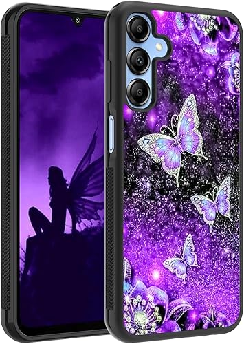 OOK Funda compatible con Samsung Galaxy A15, diseño de nebulosa de mariposa morada, diseño espacial de policarbonato duro+TPU suave, antideslizante,