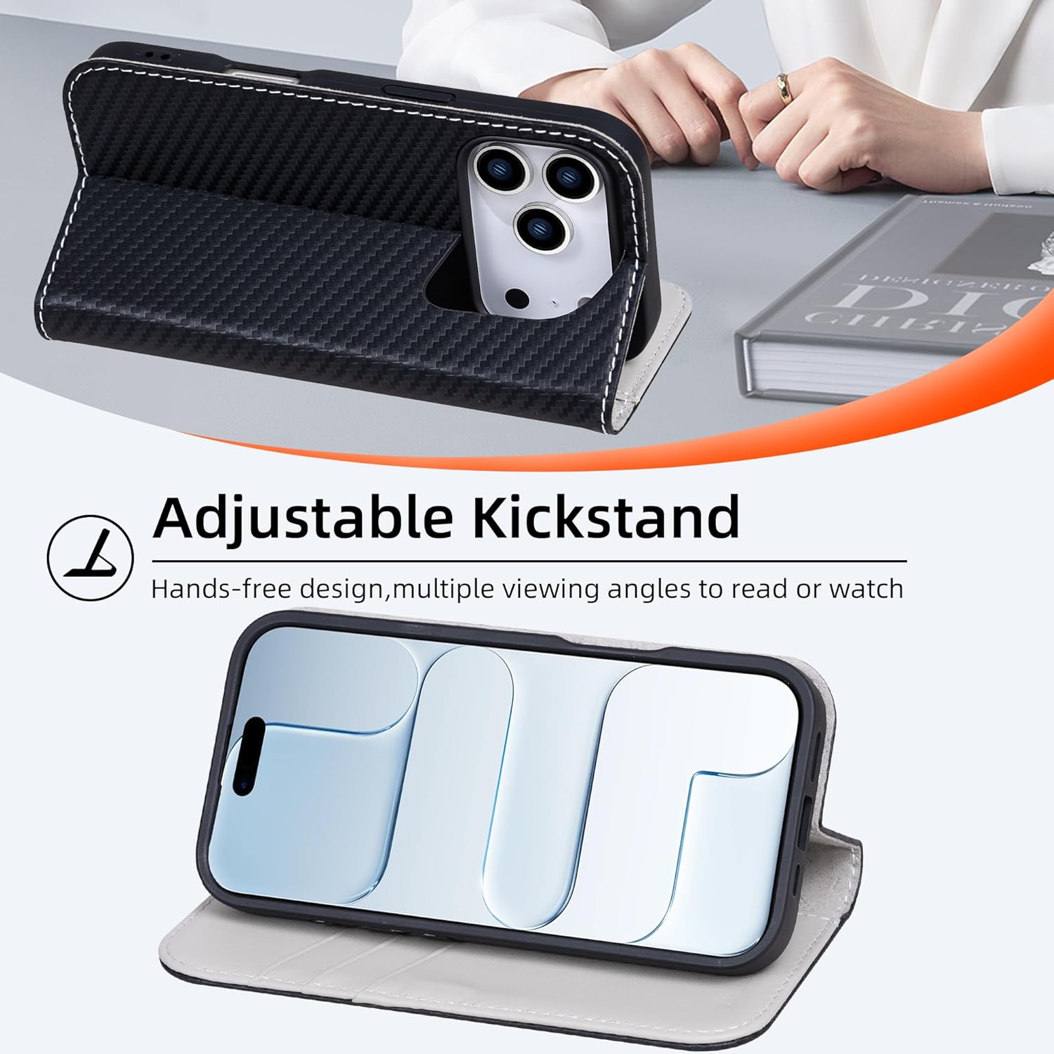 VISOUL Wallet Case for iPhone 17 Pro, Carbon Fiber Leather Wallet Magnetic Cover with RFID Blocking Card Holder Kickstand Flip Folio Case Compatible with iPhone 17 Pro (6.3-inch)-Black+Gray - Image 7