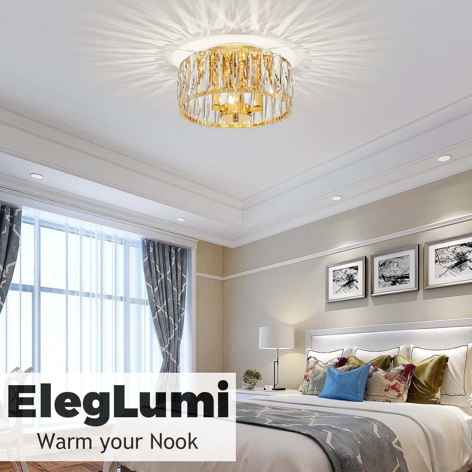 Crystal Ceiling Light, 3-Light Modern Flushmount Ceiling Light for Living Room, Dinning Room Hallway, D12xH9inch, Gold Finish Frame & K9 Crystal