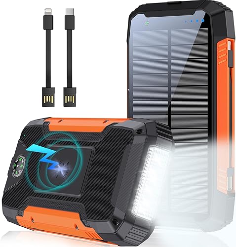 YOLOSKS Cargador solar de batería portátil inalámbrico de 49800 mAh, cargador de teléfono portátil inalámbrico de carga rápida, 3 cables integrados