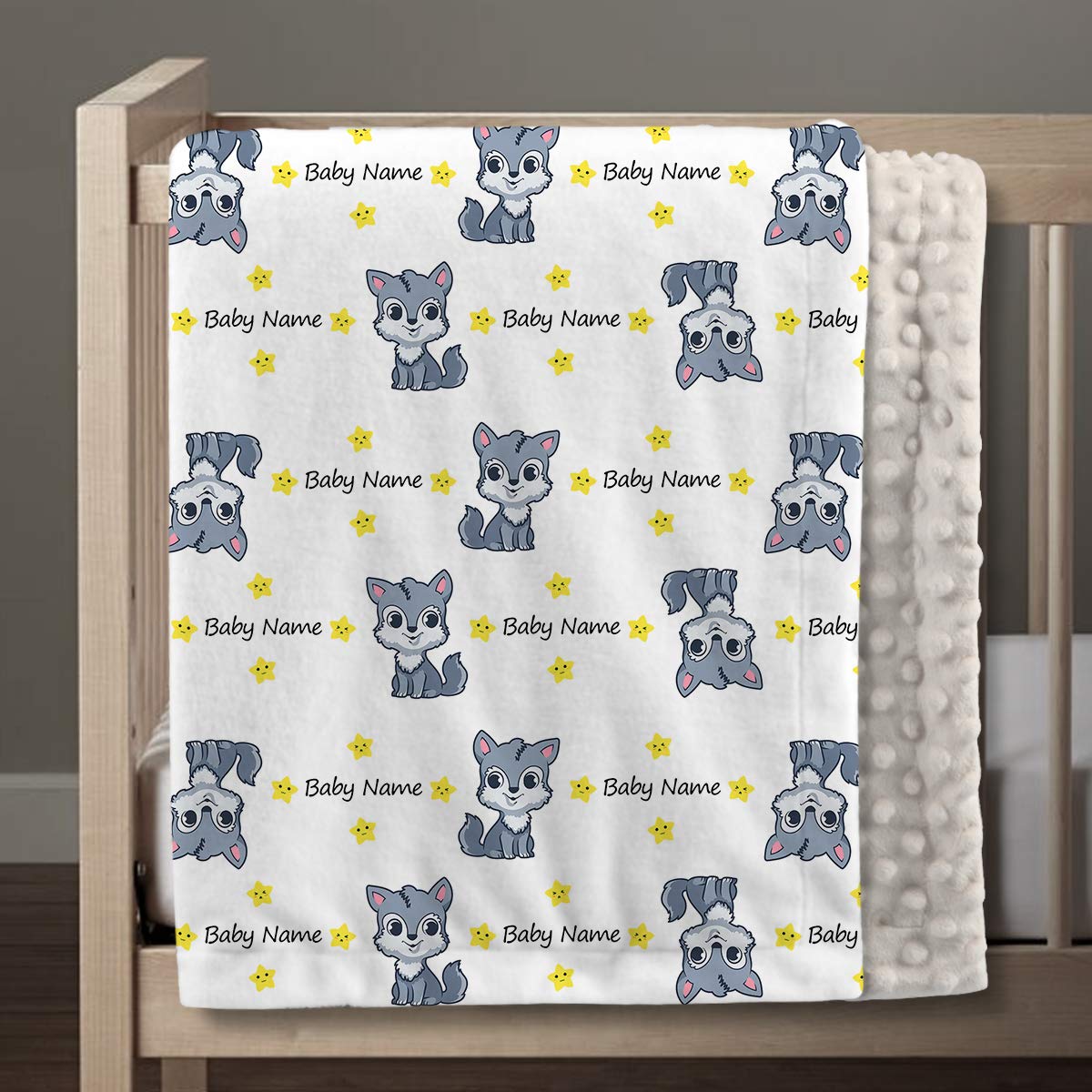 Personalized Lovely Wolf Baby Blankets for Boys Kids, Custom Soft Minky Stars Blankets with Name - Soft Plush Toddler Baby Newborn Blanket, Birthday Gift
