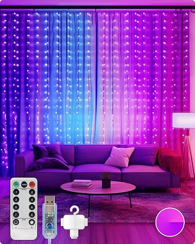 Miniatura 7 de Luces de cortina de 300 luces LED parpadeantes con control remoto USB alimentadas para boda, telón de fondo de Navidad para dormitorio, decoración