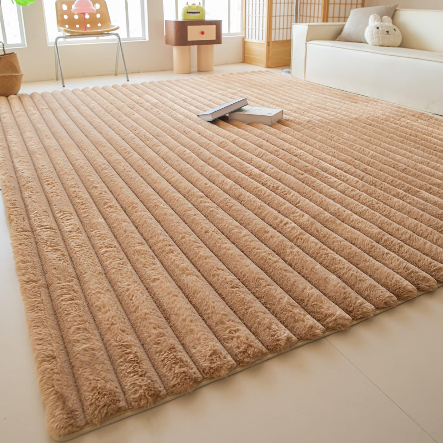Coffee Rabbit Striped Plush Rug 8'x10', Fluffy Shaggy Area Rug for Nursery & Kids Room, Faux Fur Carpet for Girls Bedroom, Living Room, Teen Decor