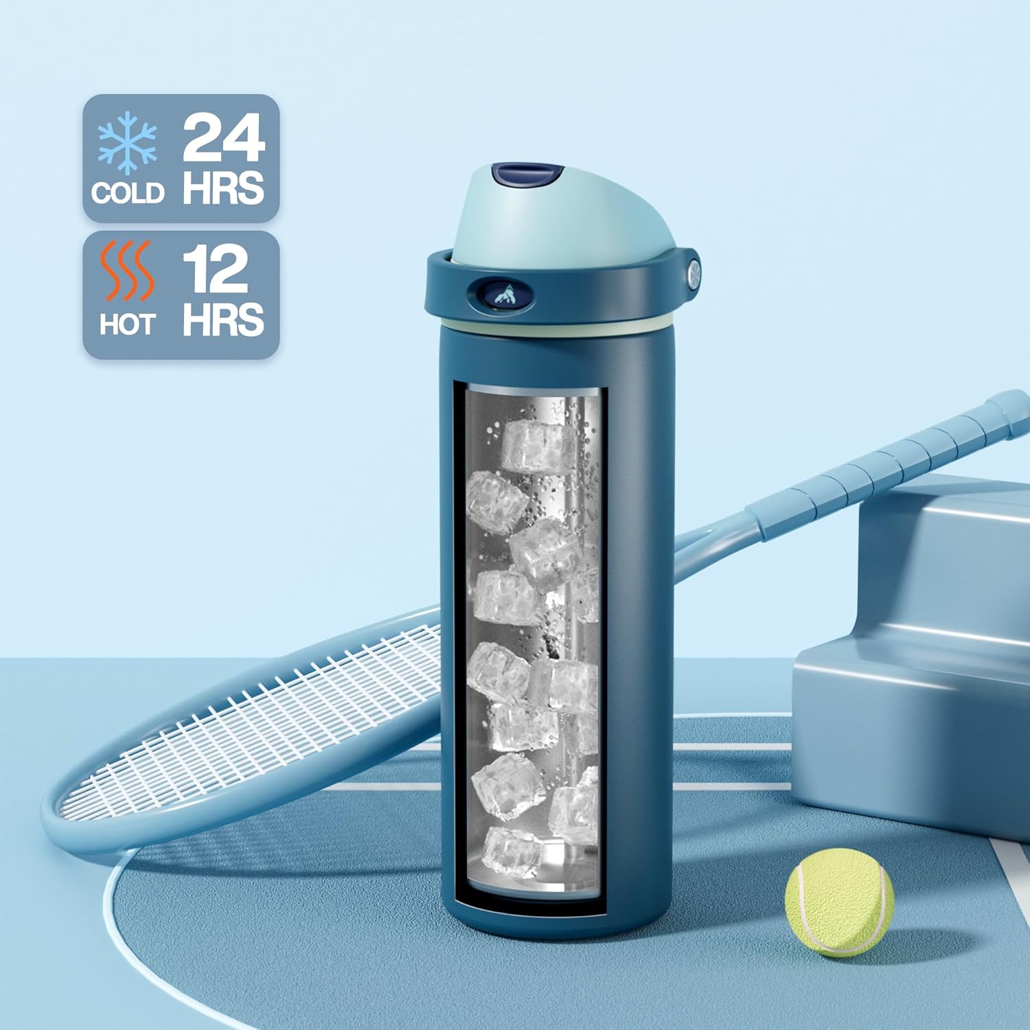 POWCAN 24 oz Insulated Stainless Water Bottle: 2-in-1 Push-Button Spout & Quick-Flip Straw, Leakproof, Cold 24 Hrs, Fits Car Cup Holder, Reusable Metal Bottle for Sports, School Gift (Denim Blue)