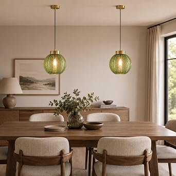Modern Retro 20cm Green Glass Globe Pendant Light, Gold E27 Ceiling Lamp [Energy Class E]