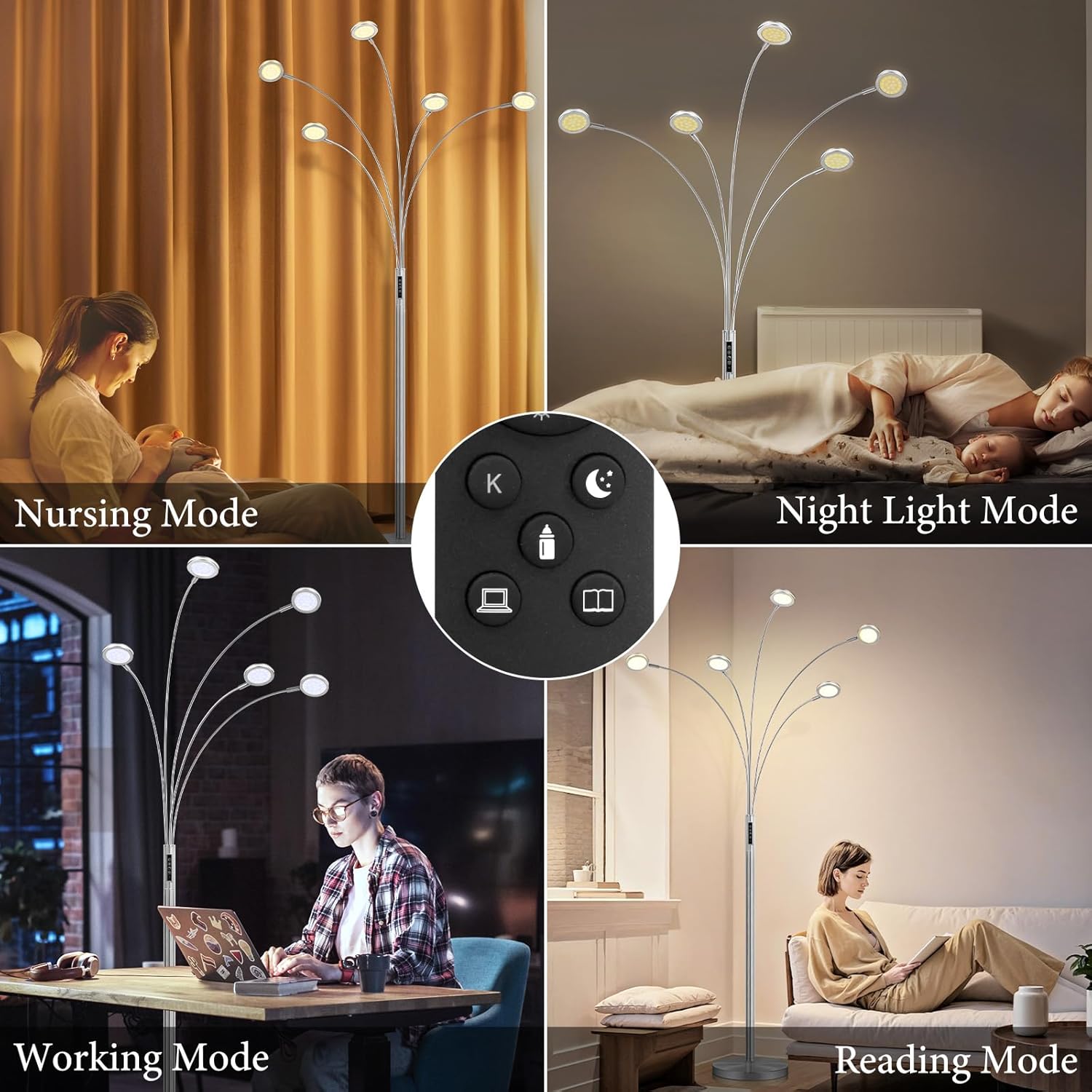 LED Arc Floor Lamp with Remote, 2250LM Dimmable Floor Lamp with Timer, Adjustable Colors, Brightness & 5 Adjustable Arms, Multi-Head Tall Standing Lamp for Living Room Bedroom Office, Satin Nickel