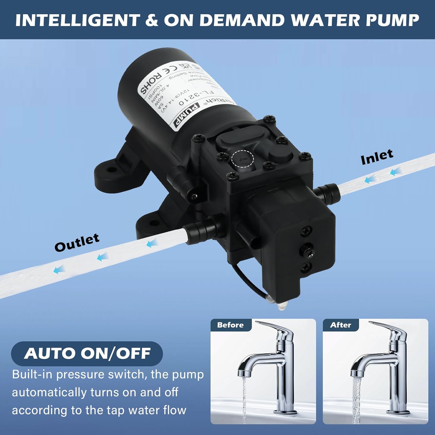 VerRich DC 12V Water Pump 116PSI 8 Bar Diaphragm Pump with Pressure Switch 4L/Min 1GPM High Pressure Pump 3/8" 10mm Connector with 2 Adjustable Hose Clamp for Water taps,Motorhome,Caravan