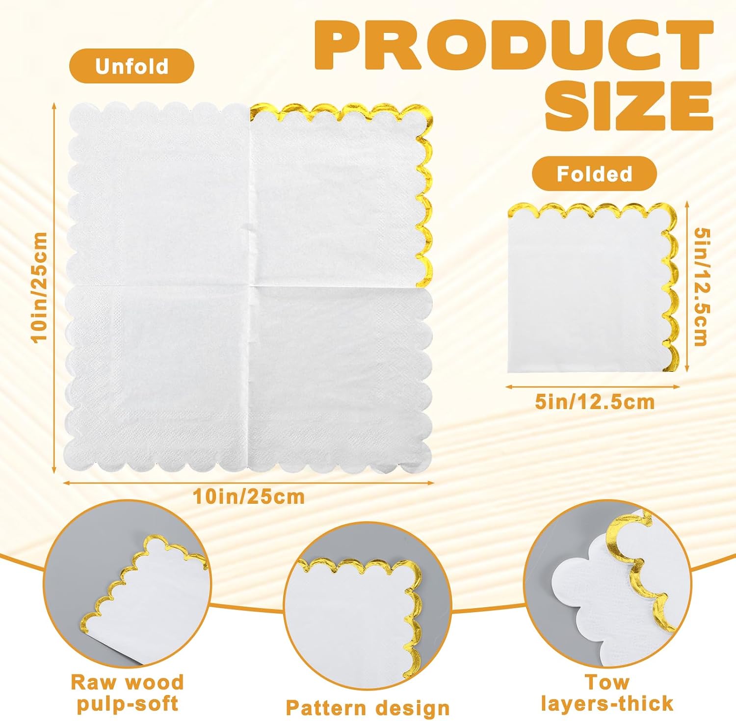50PCS White and Gold Paper Napkins, Scalloped Cocktail Napkins with Gold Foil Edge, Thick Paper Disposable Napkin, Beverage Napkin for Wedding Dinner Birthday Party image 2
