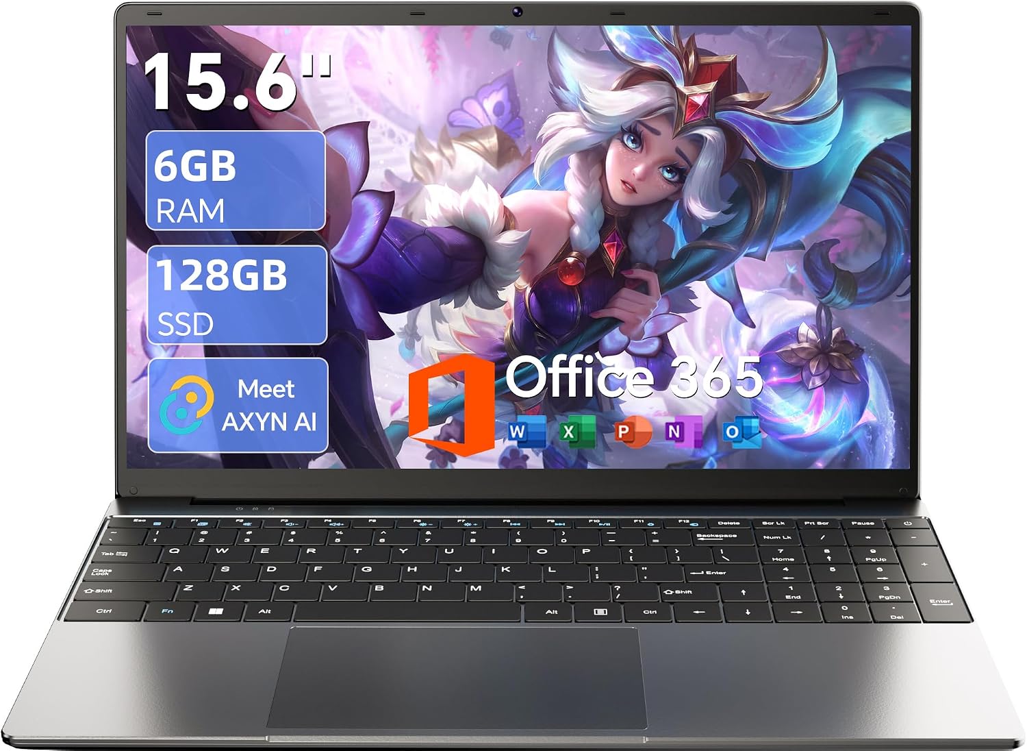 15.6 Inch Laptop with AI, Office 365, 6GB RAM 128GB SSD, Qua