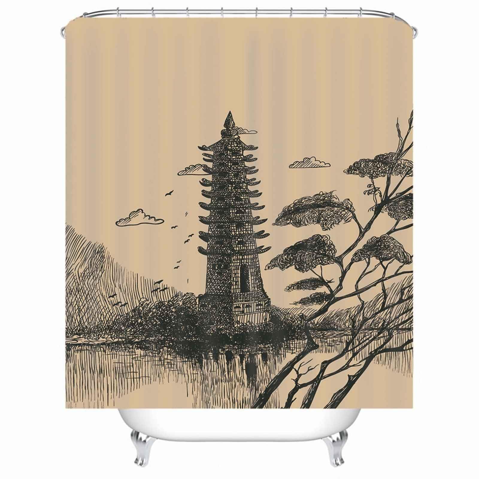 Rideau de douche beige 180x180cm lesté avec motif arbres et 12 crochets