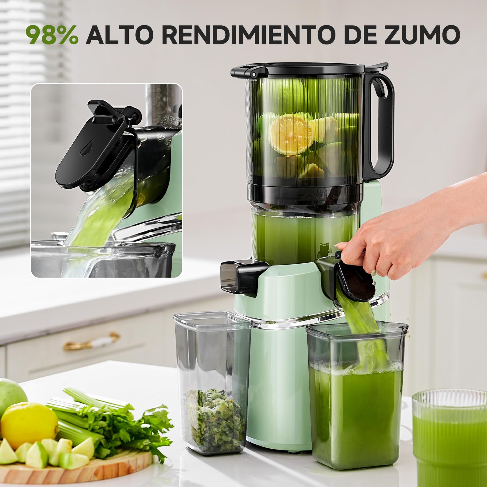 AMZCHEF Extractor de jugo automático con manos libres, apertura de 135 mm y capacidad de 1,8 L, extractor de zumo de frutas y verduras enteras, extractor de jugo lento de 250 W con triple filtro-Verde