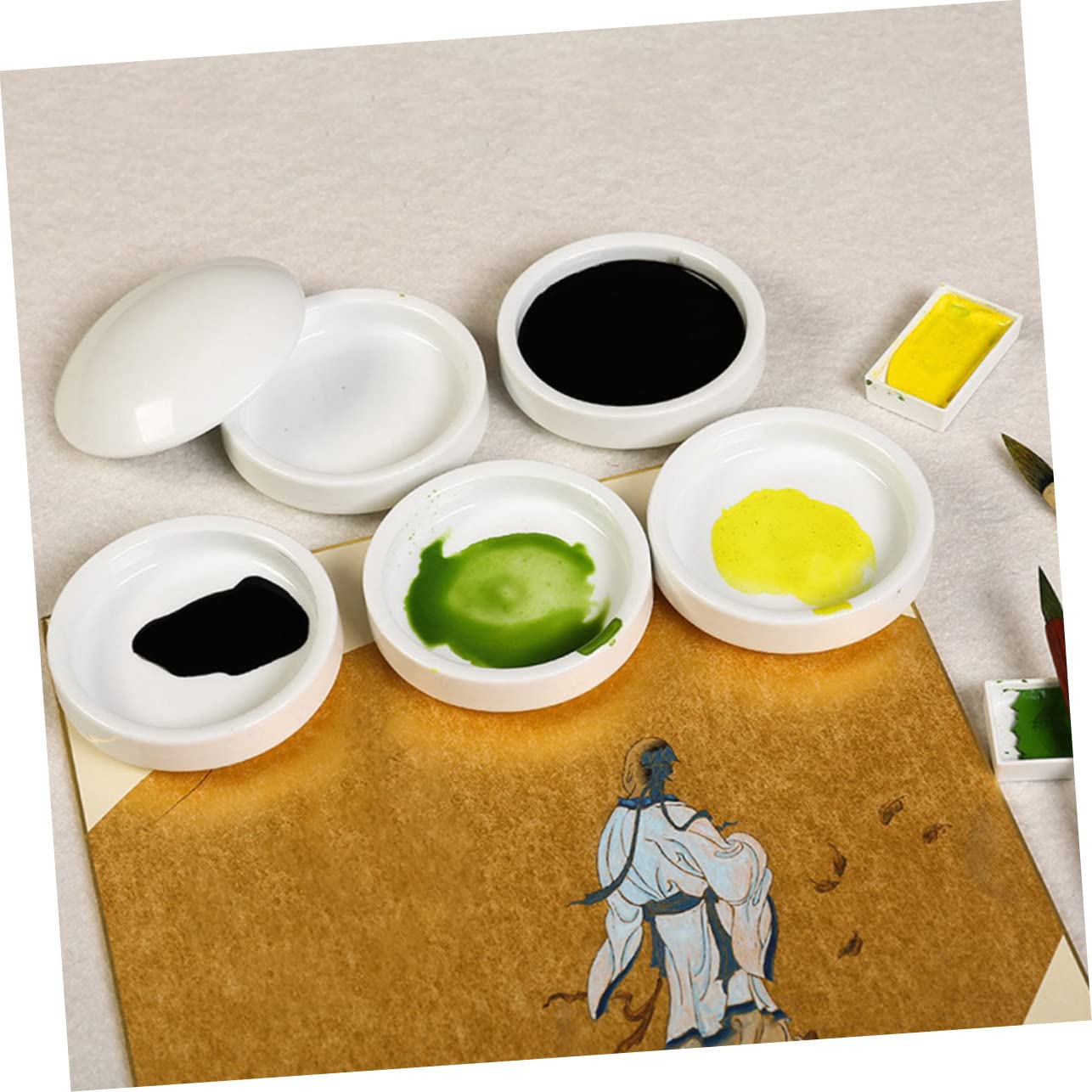 Gatuida Assiette Ceramique A Peindre Couvercle, Soucoupe à Encre en Céramique à 5 Couches, Facile à Nettoyer pour Mélange de Couleurs et Aquarelle