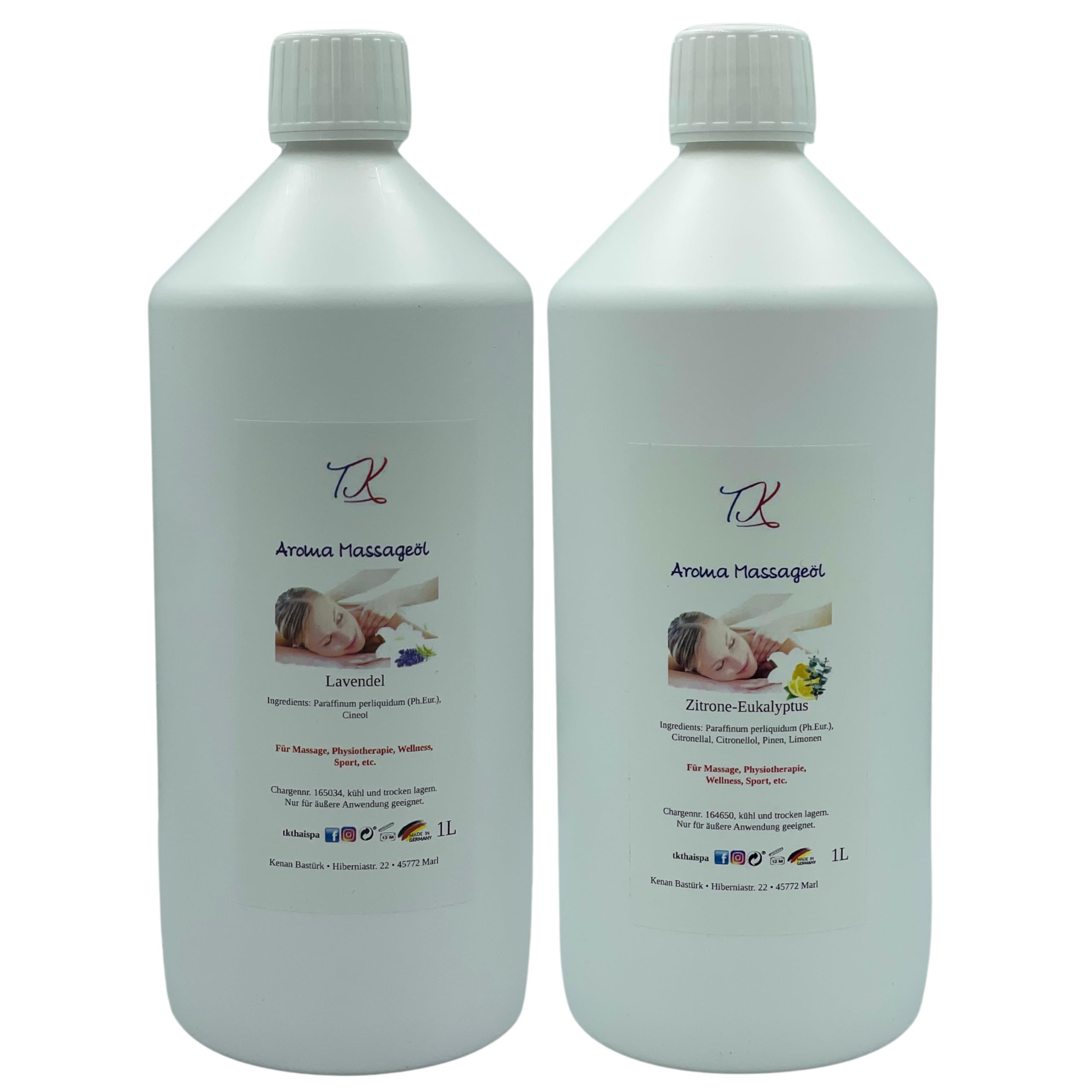 Juego de 12 aceites aromáticos para masaje, fisioterapia, bienestar, deportes, etc. (2 x 500 ml) en calidad farmacéutica (1000 ml, lavanda y limón de eucalipto)