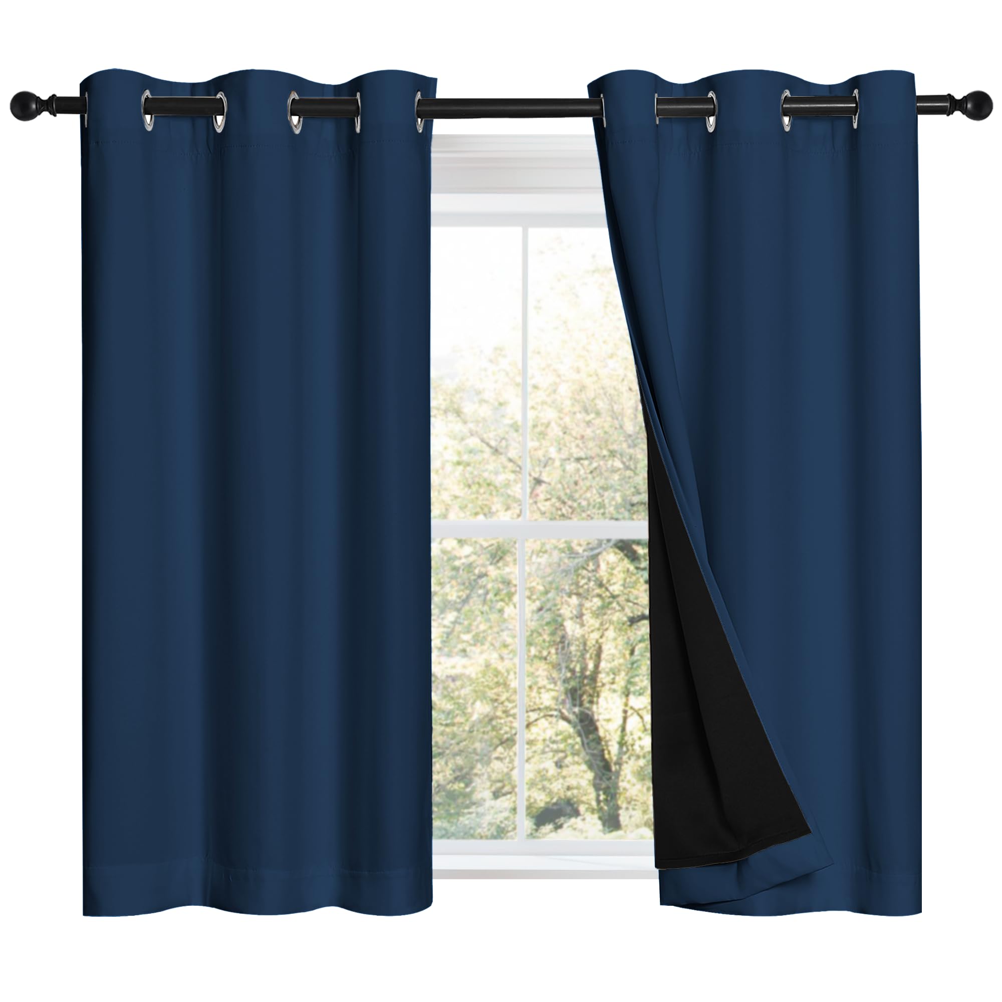NICETOWN 100% Blackout Short Curtains with Black Liners, 2 Panels, 37" W by 40" L, Moroccan Blue, Thermal Insulated Full Blackout 2-Layer Lined Drapes, Energy Efficiency Window Draperies for Bedroom