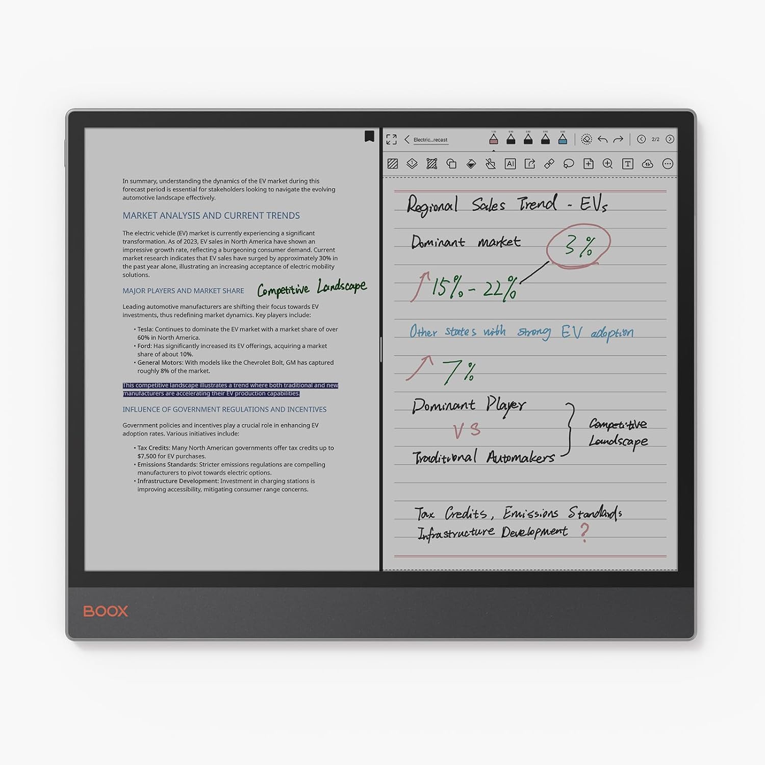 BOOX Tab X C in split-screen mode with notes
