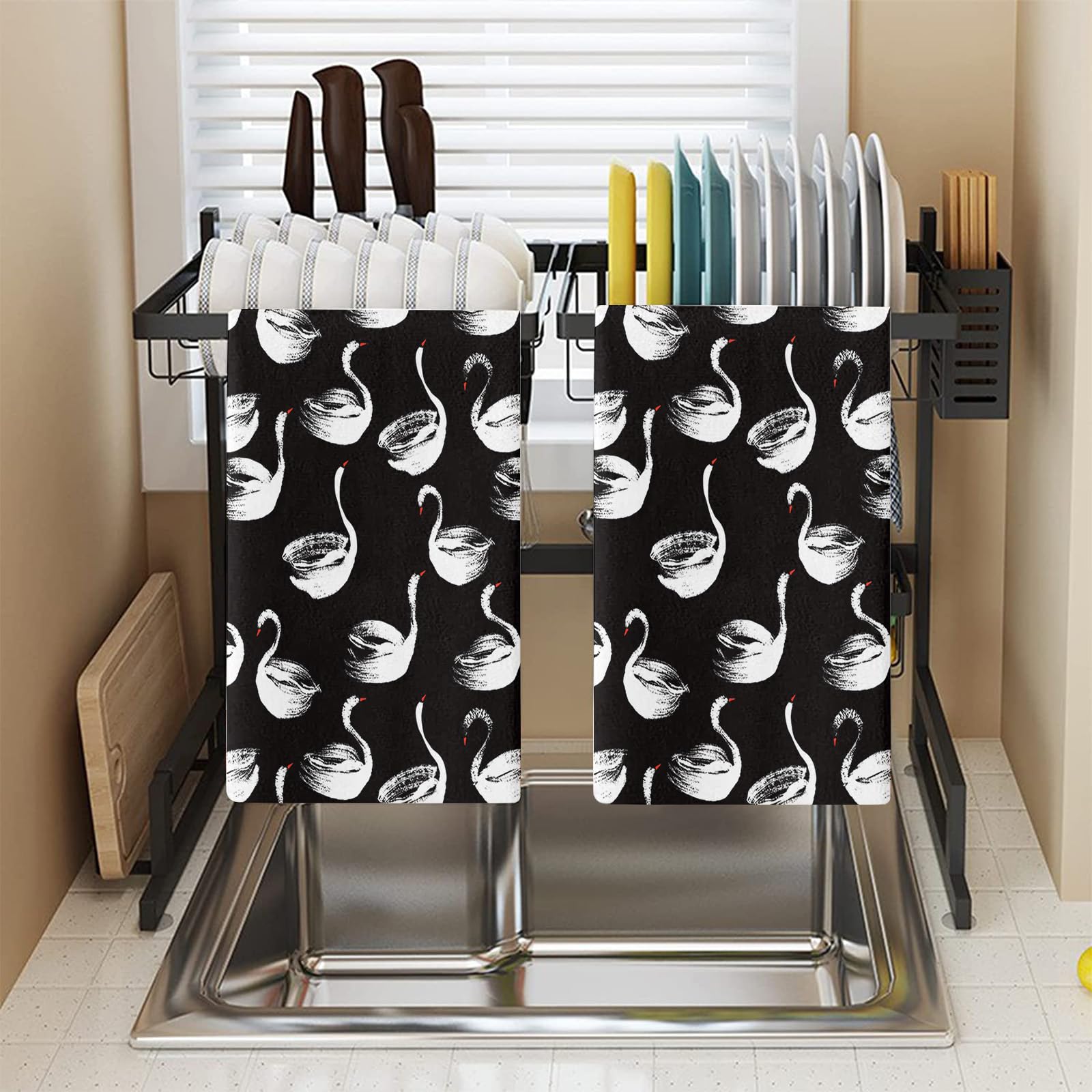 Torchon Cuisine Cygne Noir Blanc Serviette Main Microfibre Torchon Vaisselle Cuisine Absorbant Serviette de Table en Tissu Salle de Bain Petite Serviette Main 4 pièces (40x60 cm)