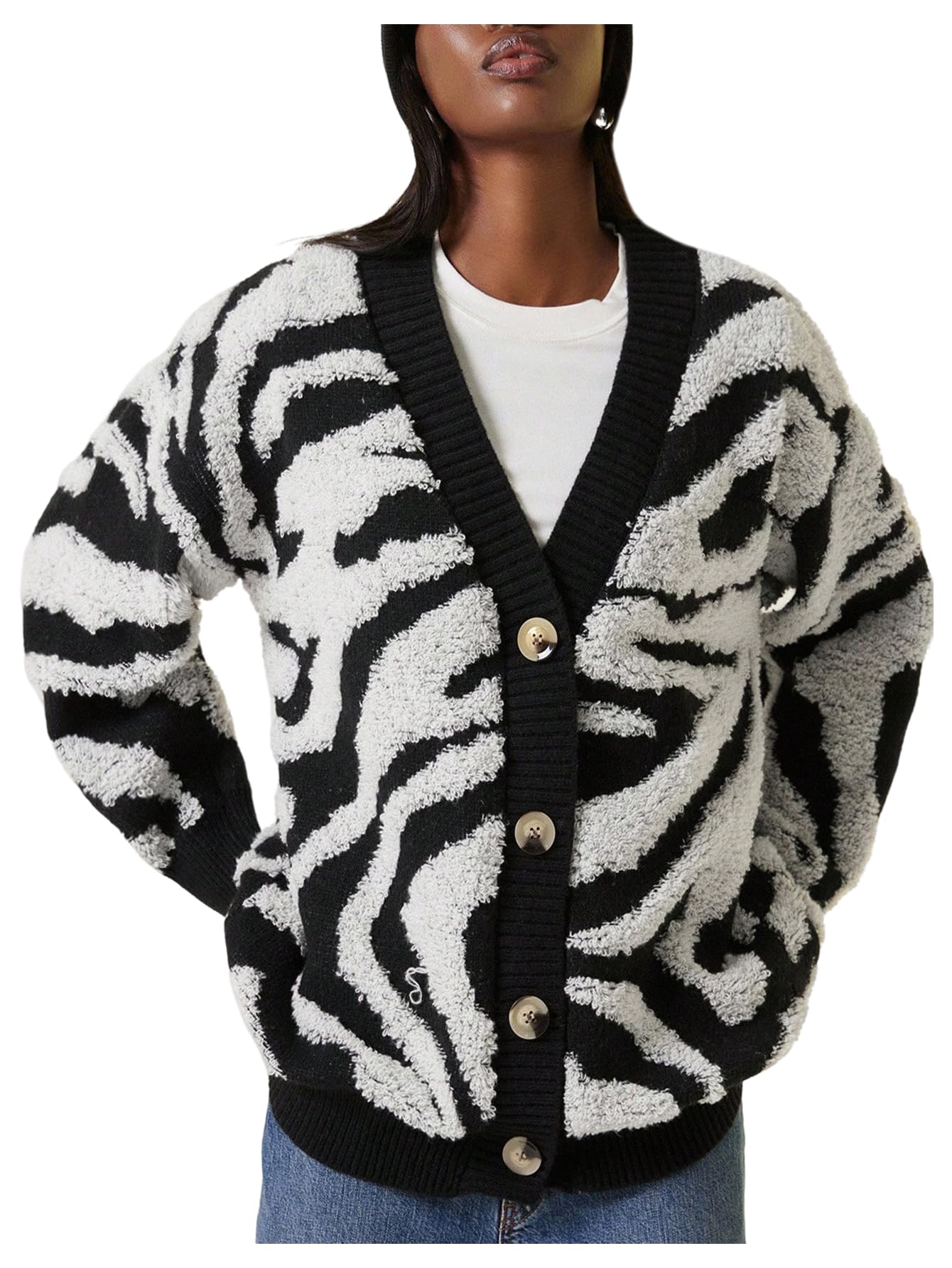 Womens Graphic Knit Cardigan Sweater Button Down Long Sleeve Fuzzy Outerwear Top Fall Clothes