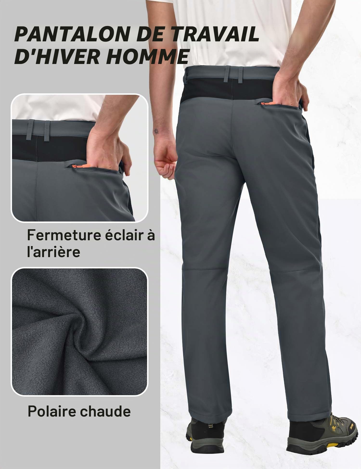 Pantalon Homme Montagne Softshell Noir Impermeable et Thermique