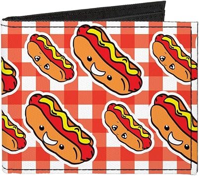 Buckle-Down Bifold Wallet | Hot Dogs Buffalo Plaid White Red Billfold Credit Card and ID Slots Canvas