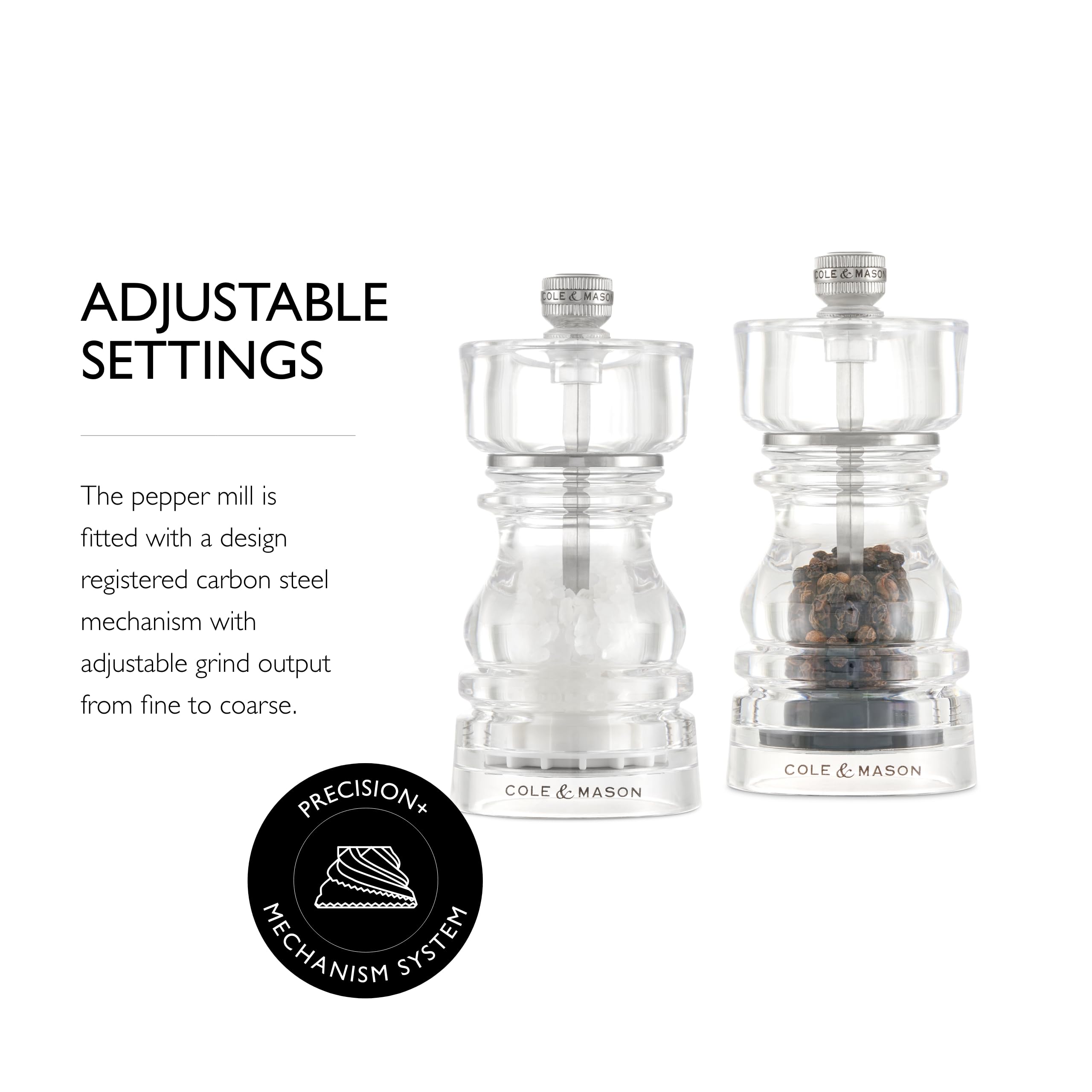 Cole & Mason London Acrylic Salt and Pepper Mill Set, 13cm Salt and Pepper Grinder Set including Adjustable Grind - Image 4