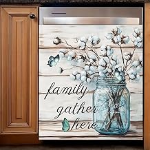 Kitchen Decor Farmhouse Cotton Stems Mason Jar Dishwasher Magnet Cover, Family Gather Here Dish Washer Door Magnetic Vinyl Sticker, Refrigerator Magnets Home Cabinet Panel Decal, 23 x 26 inch