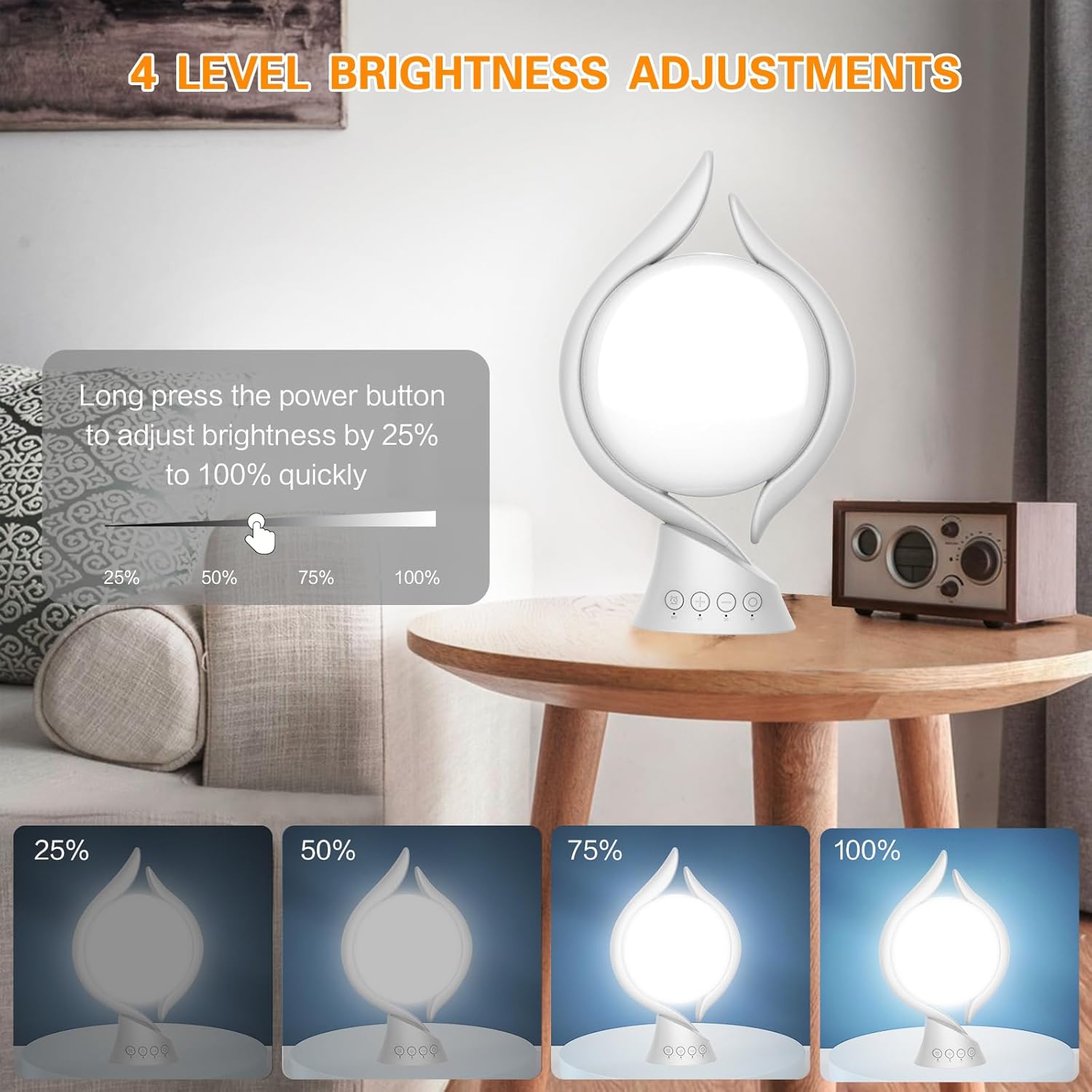 Voraiya Light Therapy Lamp showing 4 levels of brightness adjustments from 25% to 100%