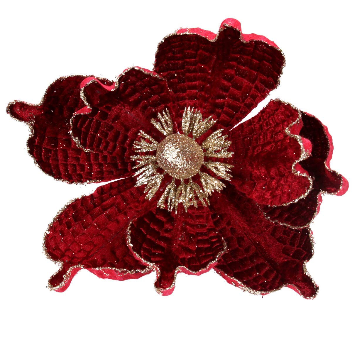 Gisela Graham Three x Dark Red Fabric Magnolia Pick with gold glitter detail