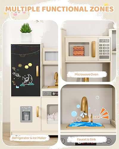 Miniatura 3 de MAMIZO Cocina de esquina de madera, gran juego interactivo de cocina para niños pequeños con pizarra, estufa y campana extractora con luz y sonido,