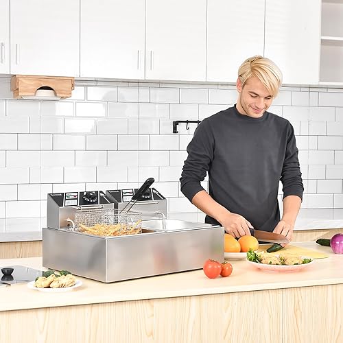 Miniatura 2 de Freidora comercial profunda con cestas, 3400W 12.7QT12L de acero inoxidable engrosado para mostrador, freidora eléctrica de aceite de gran capacidad