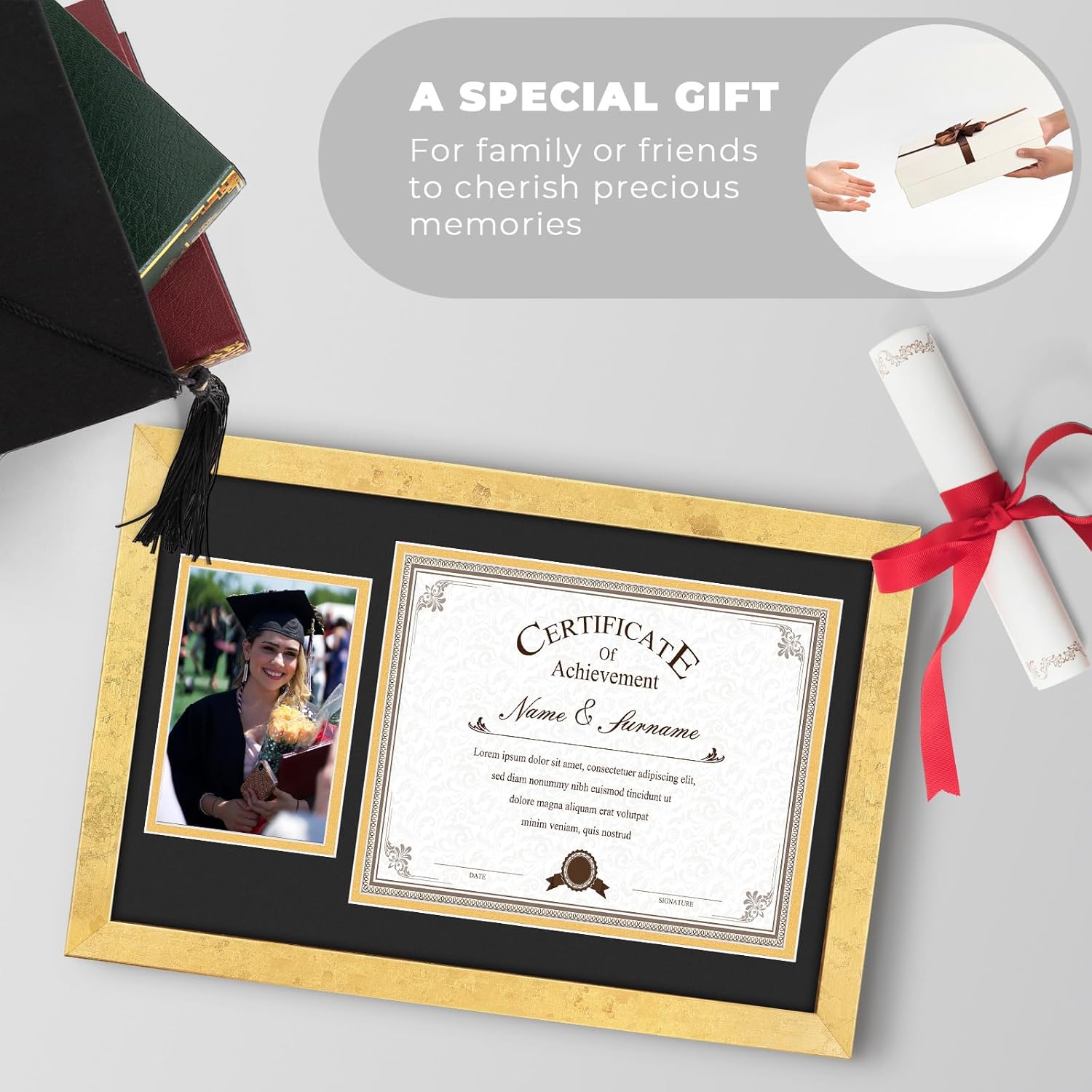 Golden State Art 8x10 Diploma Frame and 4x6 Picture, Solid Wood Certificate Frame with Real Glass Front, Display Diploma 8x10 with Black over Gold Double Mat or 11x17 Document Without Mat (1 Pack)