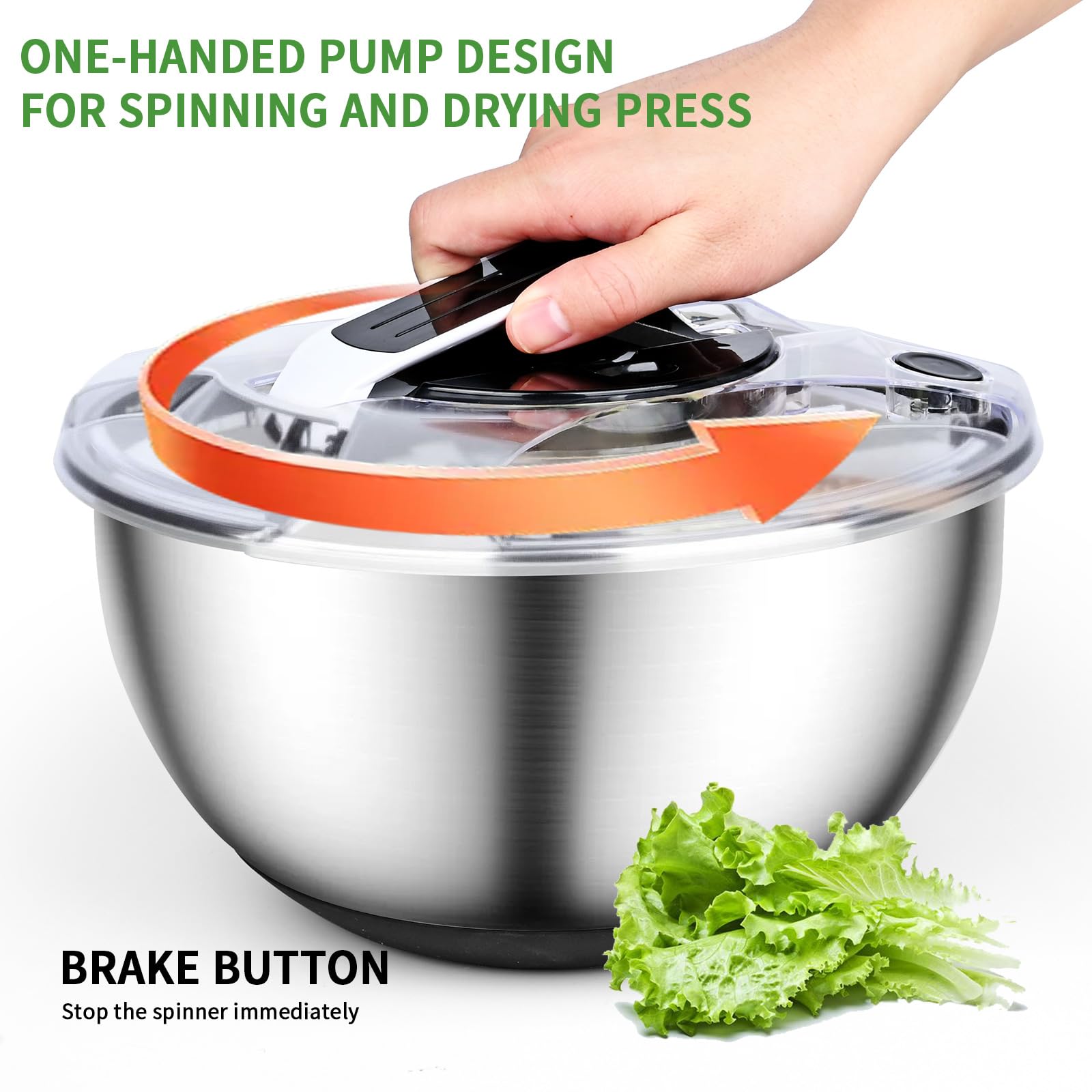 ZWOOS 4,5 L Essoreuse à Salade Acier Inoxydable Grande Sécheuse à Légumes à Pression Facile à Une Main avec Couvercle ase Antidérapante Bouton Stop Salad Spinner pour Laitue Légumes Herbes Baies