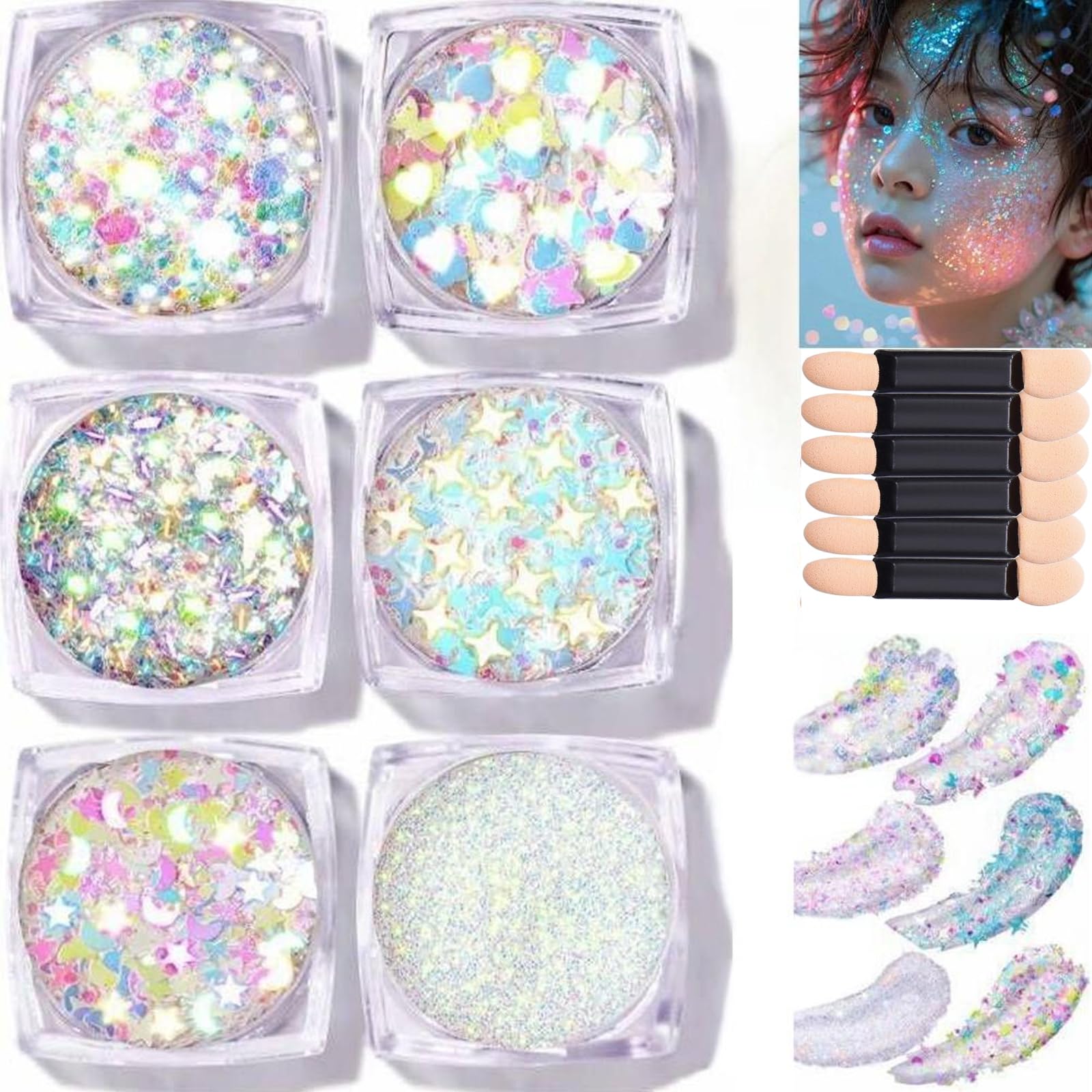 6-Pot Face Glitter Gel, Chunky Holographic Festival Glitter for Hair & Body