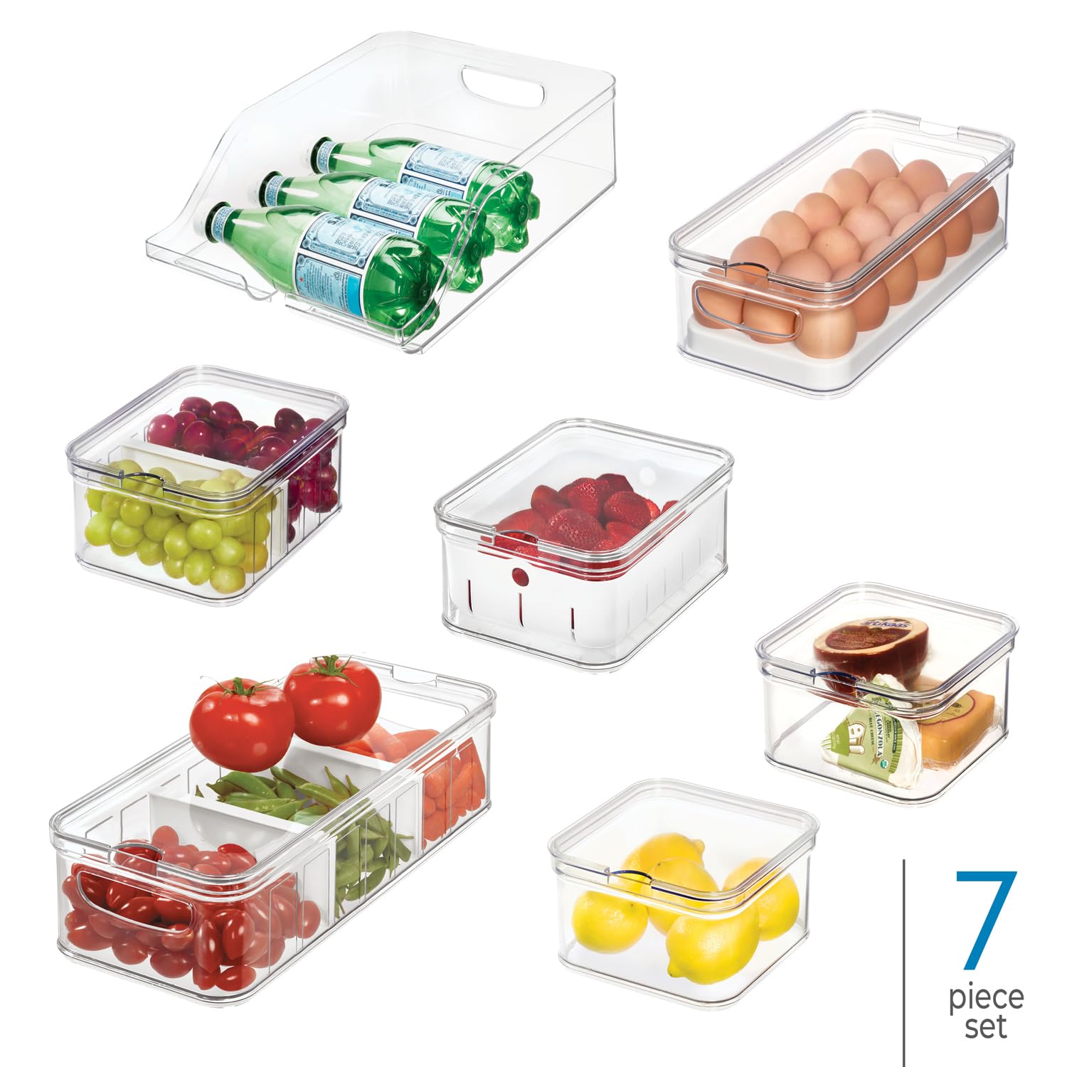 InterDesign iDesign Crisp - Set di 7 contenitori per frigorifero in plastica riciclata, con coperchio, trasparente/bianco