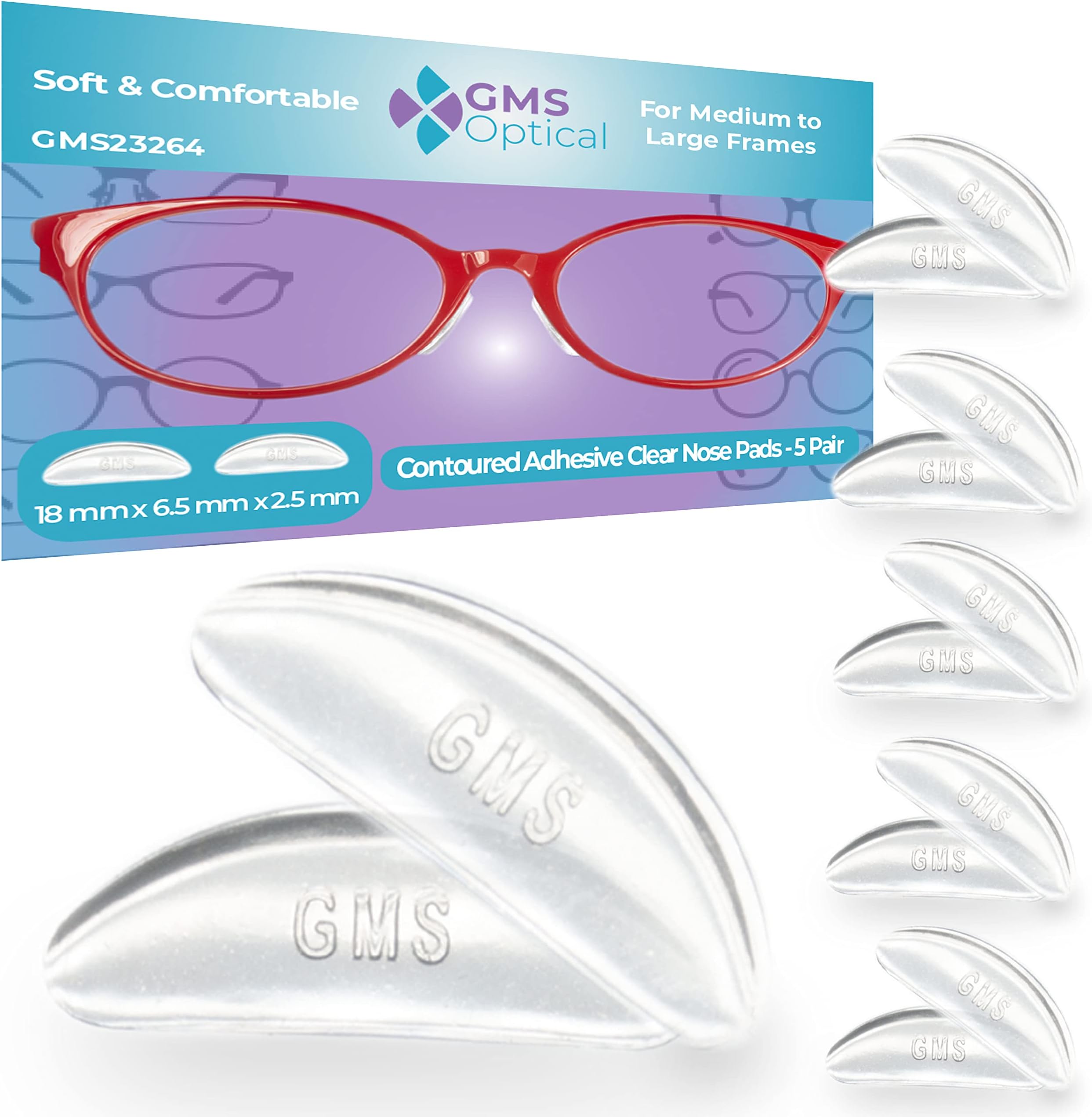 2.5mm Anti-Slip Adhesive Contoured Soft Silicone Eyeglass Nose Pads with Super Sticky Backing - 5 Pair