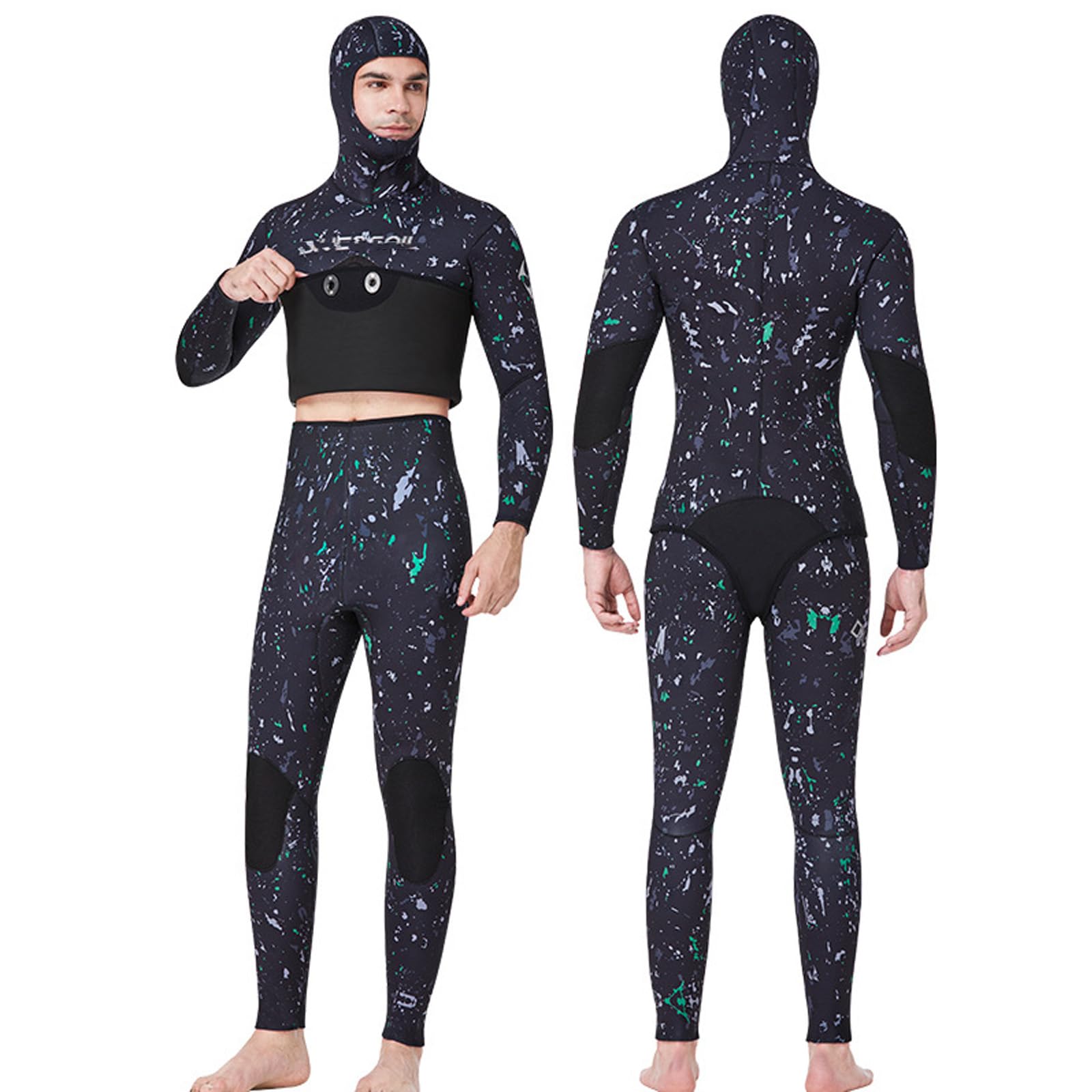 VLOBAOM Spearfishing Wetsuit with Hooded, 3mm/5mm/7mm Neoprene Two-Piece Diving Suit Full Body Wet Suits,3XL, 7mm Black