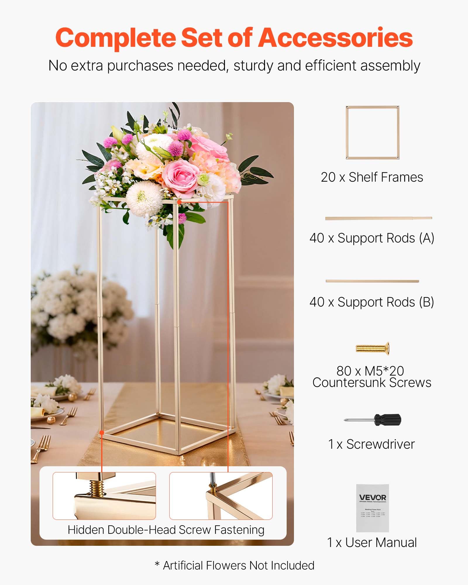 VEVOR Support Fleur Mariage Colonne Lot de 10 Support Fleur Centre de Table Mariage 60 cm Présentoir Floral Rectangulaire pour Fêtes, Anniversaires, Décoration Intérieure, avec Vis Dissimulées, Doré