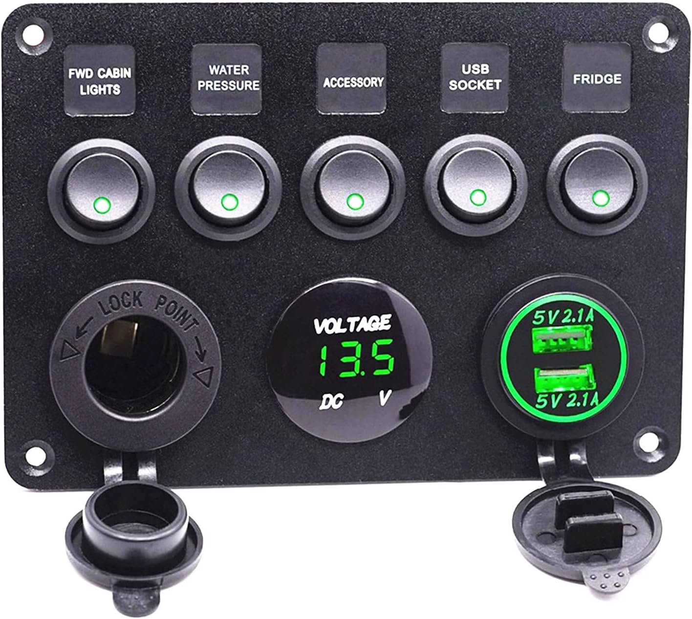 Waterproof 12V/24V Toggle Switch Panel,Dual USB Charger Port 4.2A, Cigarette Lighter Socket, Digital Voltmeter Display, Car Rocker Switches for Boat Car RV Vehicles Van Truck Circuit Control