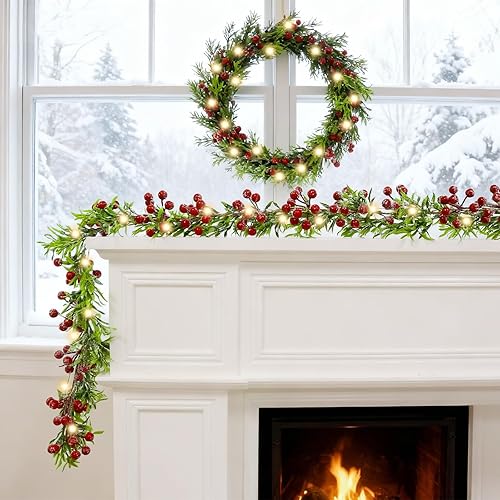 Miniatura 8 de Joyhalo Guirnalda de Navidad con luces que funciona con pilas, guirnalda de Navidad iluminada con 20 luces LED de bayas rojas de 5.6 pies