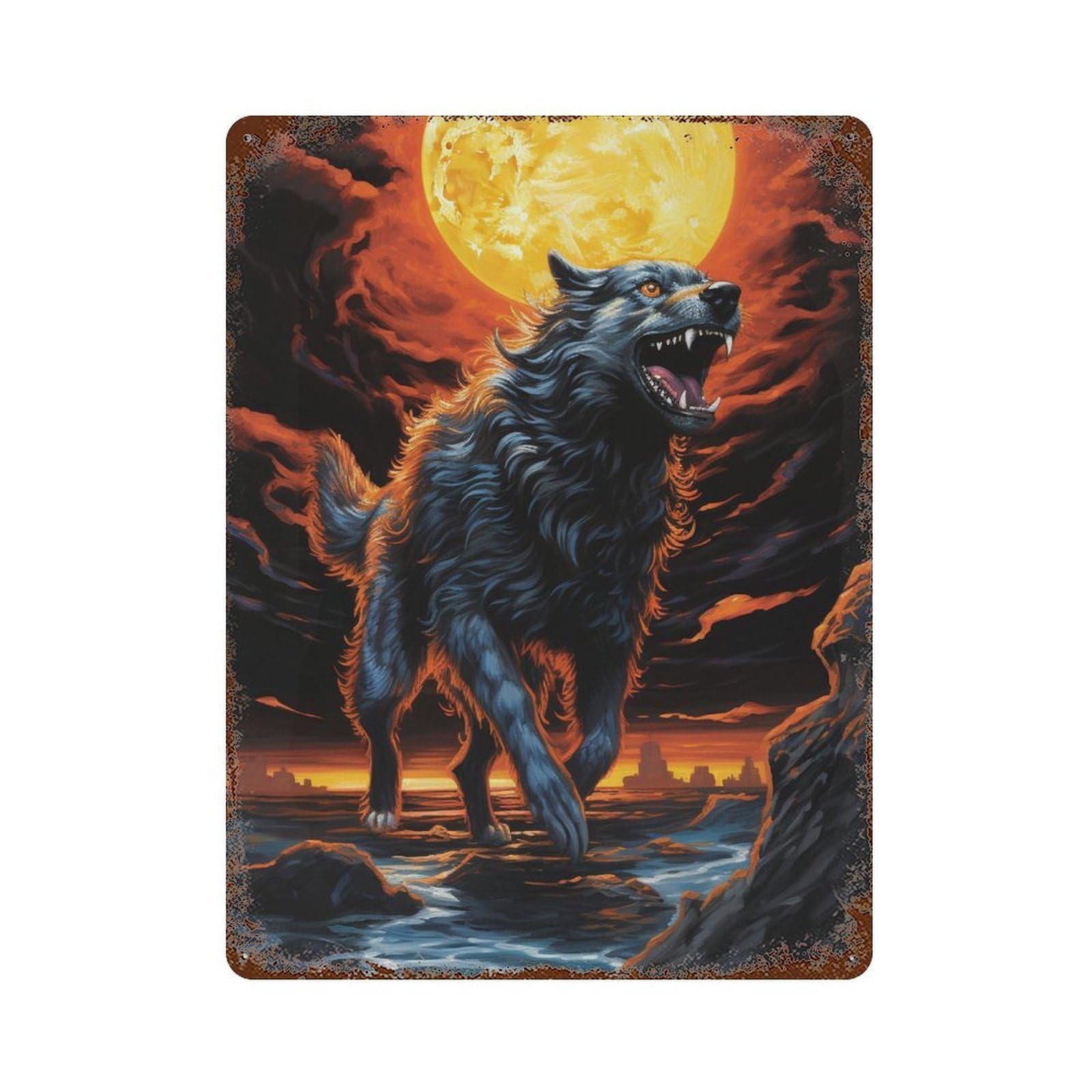 Rust Effect Moonlit Wolf Roar Rusty Metal Tin Sign 15.7"x11.8", Decorative Metal Wall Art for Farmhouse, Kitchen And Entryway Decor